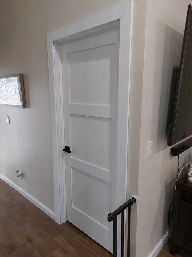 White three-panel interior door with a black lever handle