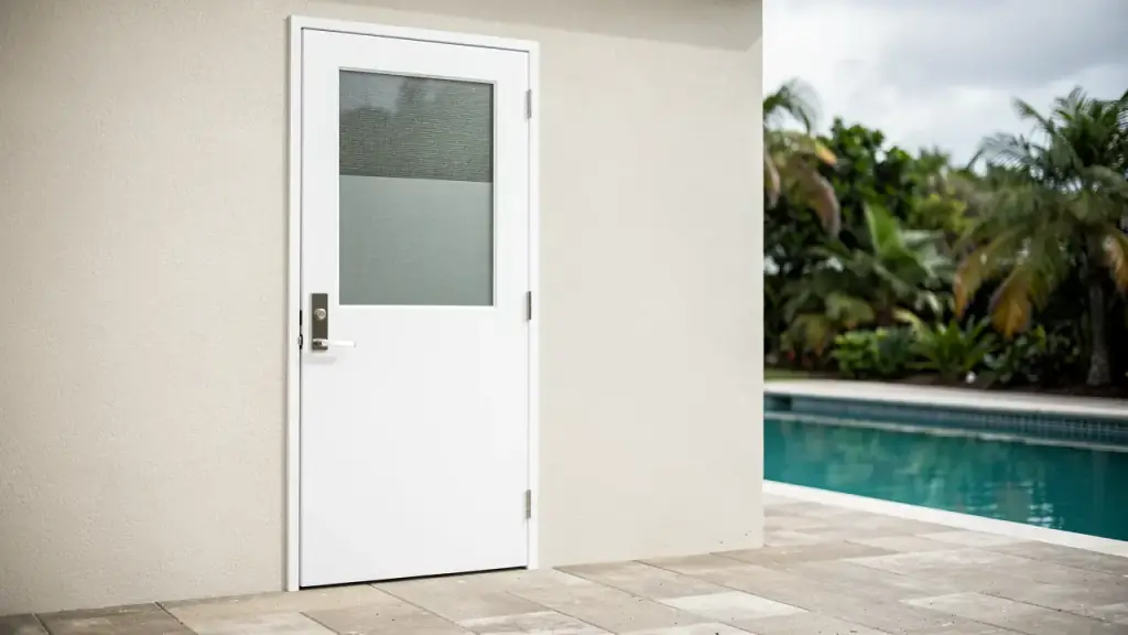 White cabana door with a half-glass obscure lite beside a residential pool
