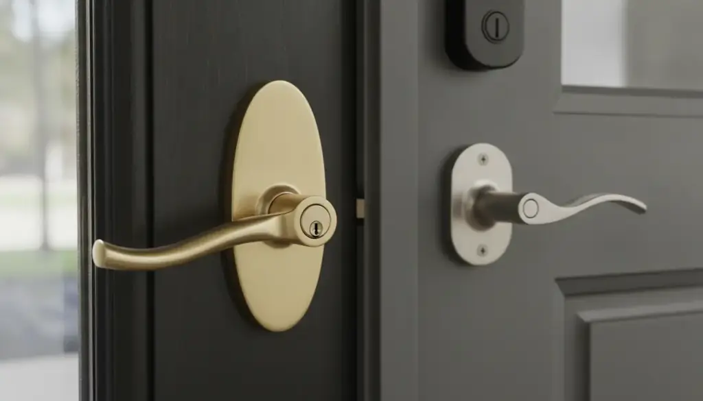 Brass entry handleset beside a commercial lever and door closer