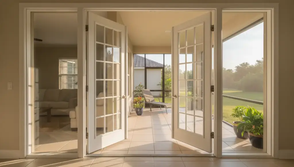 White French doors with full glass lites opening onto a screened lanai