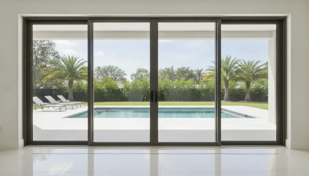 Three-panel sliding glass door partly open to a pool deck
